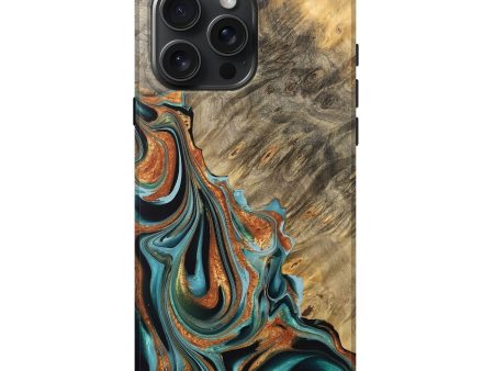 iPhone 16 Pro Max Wood Live Edge Phone Case - Oral (Teal & Gold, 733417) For Discount