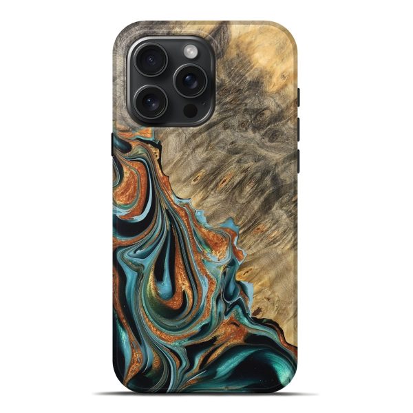 iPhone 16 Pro Max Wood Live Edge Phone Case - Oral (Teal & Gold, 733417) For Discount