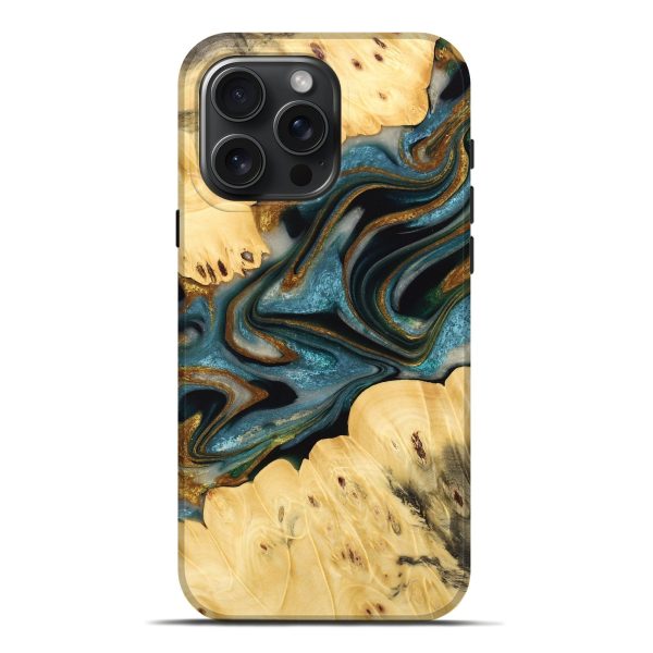 iPhone 16 Pro Max Wood Live Edge Phone Case - Rinda (Teal & Gold, 732361) Sale