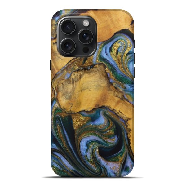 iPhone 16 Pro Max Wood Live Edge Phone Case - Parveen (Teal & Gold, 731459) For Sale